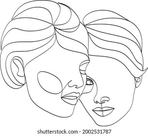 Abstract portrait of young pretty woman. Friends, sisters or couple. Continuous one line drawing isolated on white. Vector illustration in simple modern style.