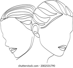 Abstract portrait of young pretty woman. Friends, sisters or couple. Continuous one line drawing isolated on white. Vector illustration in simple modern style.