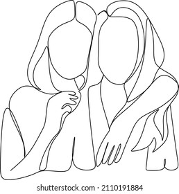 Abstract portrait of young pretty woman. Friends, sisters or couple. Continuous one line drawing isolated on white. Vector illustration in simple modern style.