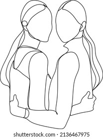 Abstract portrait of young pretty woman. Friends, sisters or couple. Continuous one line drawing isolated on white. Vector illustration in simple modern style.