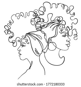 Abstract portrait of young two African American woman. Friends, sisters or couple. Continuous one line drawing isolated on white. Vector illustration in simple modern style. 