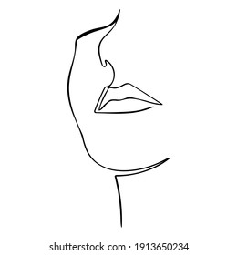 Abstract portrait of a young woman is drawn by one line. Minimalistic contour silhouette. Emphasis on the lips. Vector illustration isolated on white background.