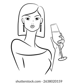 Abstract portrait of a young woman with a glass of wine. Monochrome pattern for prints, labels, posters, postcards, party invitations, menu design. Contour illustration in doodle style. 