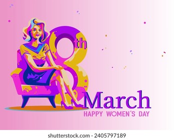 Abstract Portrait of Young Woman Sitting at Armchair against 8th March for Happy Women's Day Celebration Concept. 