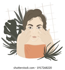 
Abstract portrait of a young woman washing her face against a background of tropical leaves. Concept of fashion and female beauty, personal care. Vector image in trendy minimalist style.