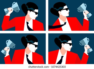 Abstract portraits of business woman holding trophy cup. Set of vector illustration