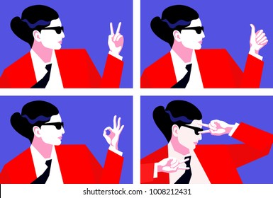 Abstract portraits of business woman, showing signs ok and victory. Set of vector illustration
