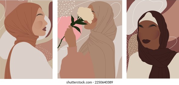 Abstract portraits of international women in hijab muslim female. Vector graphic of world hijab day good for world hijab day celebration. Minimalist vector illustration