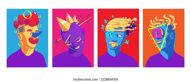 Abstract portraits in trendy contemporary style. Creative modern art posters with people faces with crazy design and geometric shapes on colored background, vector collection