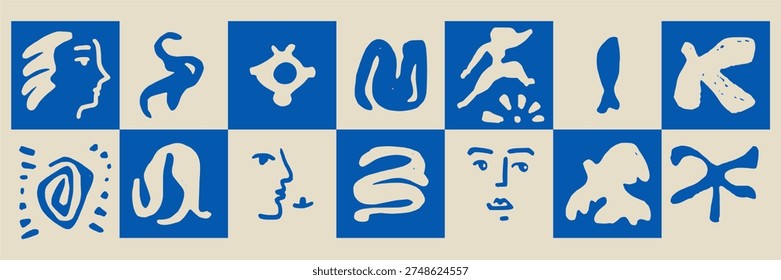 Abstract portraits and wavy lines in doodle sketch charcoal style. Contemporary art elements for branding identity and minimalist interior poster prints.