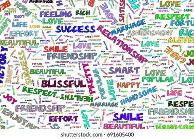 Abstract positive emotion word cloud illustrations background. Vector graphic.