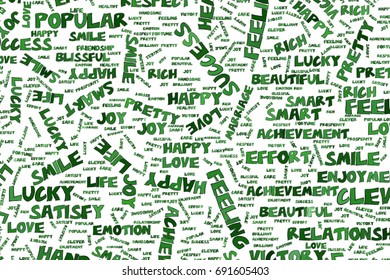 Abstract positive emotion word cloud illustrations background. Vector graphic.