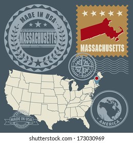 Abstract post stamps set with name and map of Massachusetts, USA, vector illustration