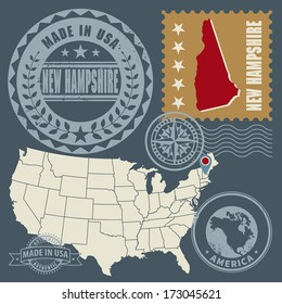 Abstract post stamps set with name and map of New Hampshire, USA, vector illustration