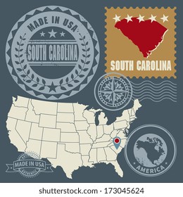 Abstract post stamps set with name and map of South Carolina, USA, vector illustration