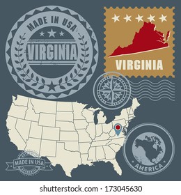 Abstract post stamps set with name and map of Virginia, USA, vector illustration