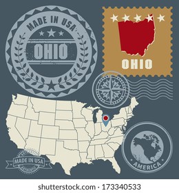 Abstract post stamps set with name and map of Ohio, USA, vector illustration