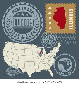 Abstract post stamps set with name and map of Illinois, USA, vector illustration