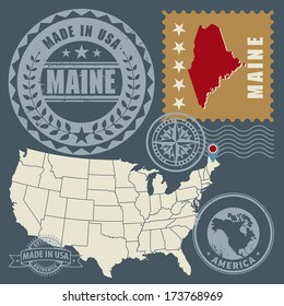 Abstract post stamps set with name and map of Maine, USA, vector illustration
