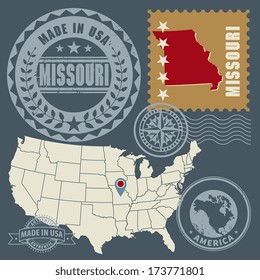 Abstract post stamps set with name and map of Missouri, USA, vector illustration