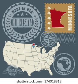 Abstract post stamps set with name and map of Minnesota, USA, vector illustration