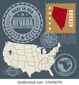 Abstract post stamps set with name and map of Nevada, USA, vector illustration