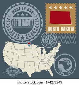Abstract post stamps set with name and map of North Dakota, USA, vector illustration