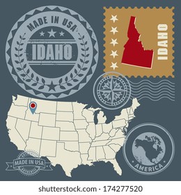Abstract post stamps set with name and map of Idaho, USA, vector illustration