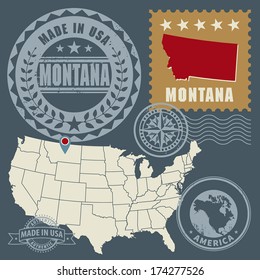 Abstract post stamps set with name and map of Montana, USA, vector illustration