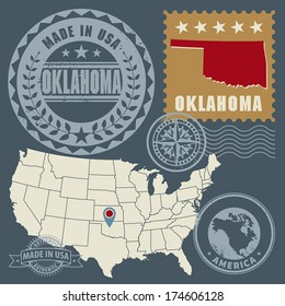 Abstract post stamps set with name and map of Oklahoma, USA, vector illustration