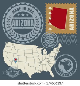 Abstract post stamps set with name and map of Arizona, USA, vector illustration