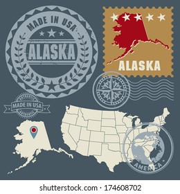 Abstract post stamps set with name and map of Alaska, USA, vector illustration