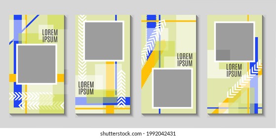 Abstract post templates with layered rectangular grids in green, yellow, and blue tones, paired with bold lines and soft chevron textures. Designed for modern, stylish photo framing.