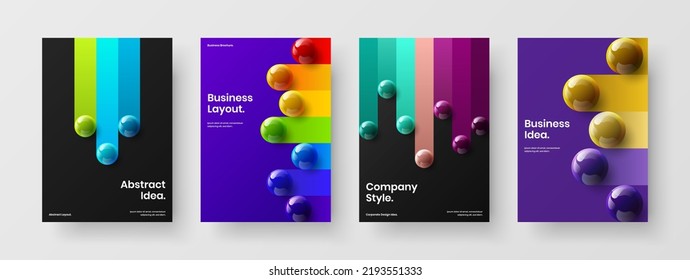 Abstract postcard A4 vector design layout set. Unique realistic balls booklet illustration collection.