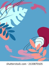 Postal abstracta con colores delicados. Vector. Floral y hojas