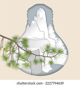 Abstrakte Postkarte in Form einer Papierapplikation mit einer Berglandschaft, einem Wasserfall, einem See und einer Fichte, mit einem farbigen Bild eines Kieferzweigs