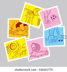 abstract postcards depicting different sports, on separate layers