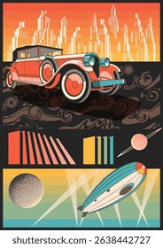 Abstract Poster 1920s Lifestyle. Retro Car, Zeppelin, Cityscape, Moon, Saturn, Spotlights