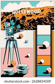 Pôster abstrato 1970s - 1980s Estilo. Câmera de cinema retro, Caixas de fita de cinema, Fita de filme. Colinas de Hollywood, Formas geométricas, Espaço de fundo, Cores vintage 