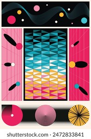 Abstract Poster 3D Effect Shapes, Surfaces, Perspective Grids, Wave, Mosaic Background