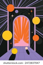 Abstract Poster 3D Effect Shapes, Surfaces, Space. Perspective Grid, Fantasy Portal, Stars, Explosion, Abstract Geometric Background 