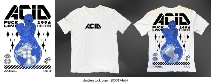 Abstract poster, Acid Angel. Stylish White T-shirt, Fashion Streetwear Prints on Clothes, in Acid Graphic style, Trending Designs