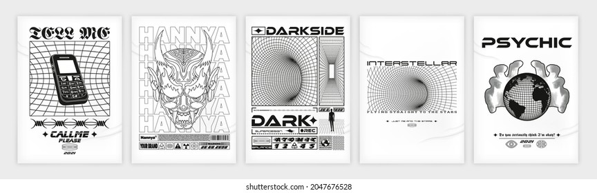 Abstract Poster. Acid Graphic Style, Rave, Text Design, Posters Isolated On Paper With Shadow And Noise, Set