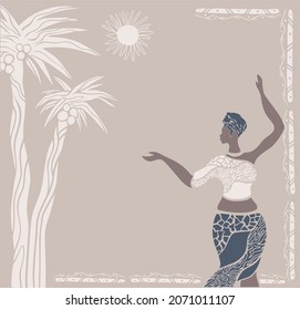 Abstract poster with African woman in turban,minimalistic style.Contemporary collage fashion.Vector illustration.Palm tree.sunshine with decorative  border hand drawn animal print textile.tribal