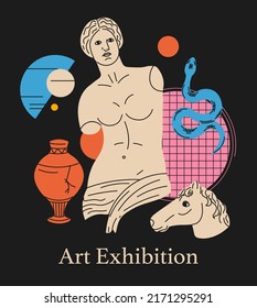 Abstract poster with ancient Greek goddess statue., vase, horse and snake. Vector illustration. Modern drawing, abstract art.