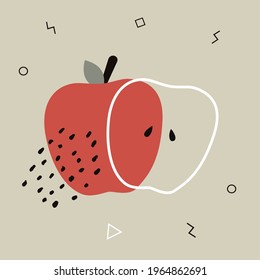 Abstract poster with apple. Contemporary art. Abstract elements, fruits for social networks, cards, prints. Memphis style apple