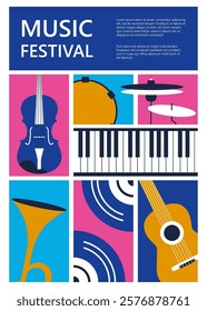 Abstract poster for art and Jazz music festivals with musical instruments.. Vector modern backgrounds. Poster for a summer live music .  Template design. Drawing for event background and card.