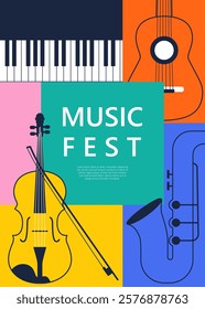 Abstract poster for art and Jazz music festivals with musical instruments.. Vector modern backgrounds. Poster for a summer live music .  Template design. Drawing for event background and card.