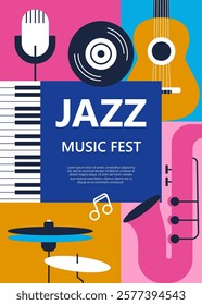 Abstract poster for art and Jazz music festivals with musical instruments.. Vector modern backgrounds. Poster for a summer live music in jazz party.   Drawing for event background and card.