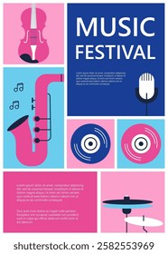 Abstract poster for art and Jazz music festivals with musical instruments.. Vector modern backgrounds. Poster for a summer live music .  Template design. Drawing for event background and card.